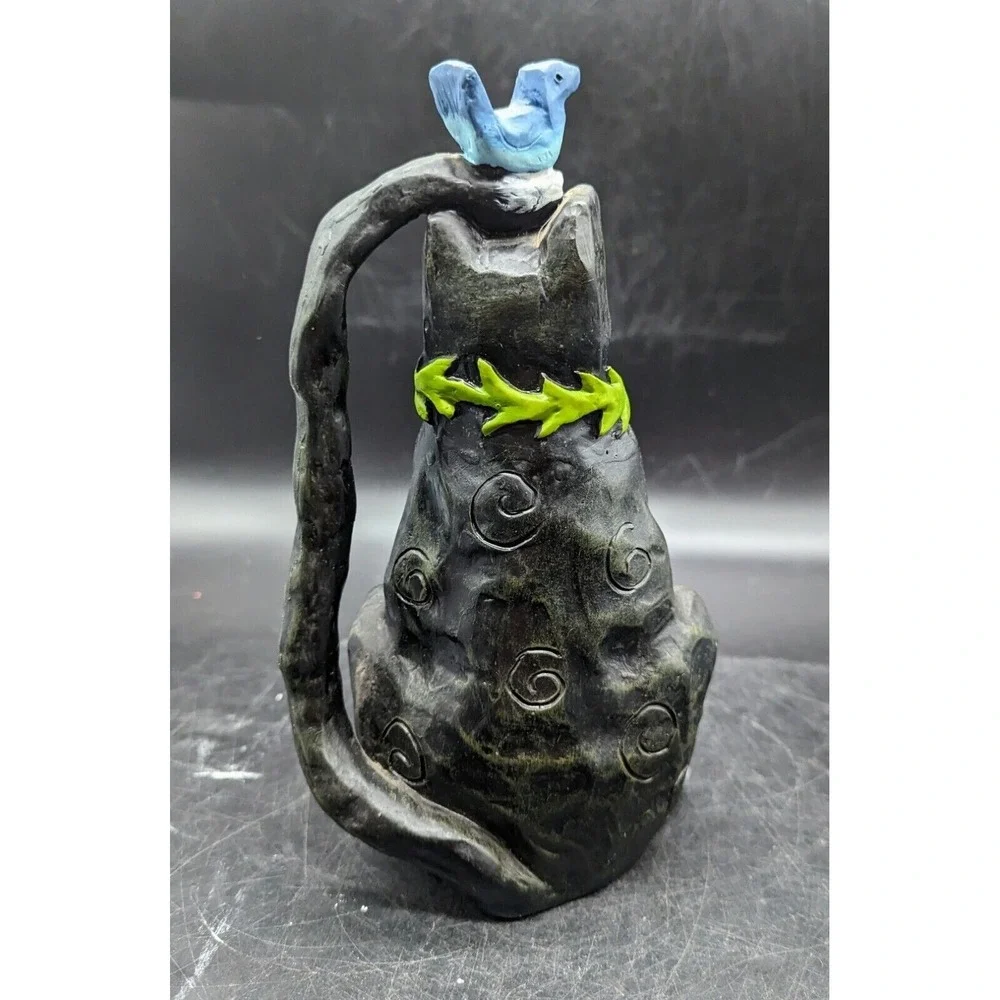 Contemporary Resin Black Cat Figurine Bluebird Nest Flower 9